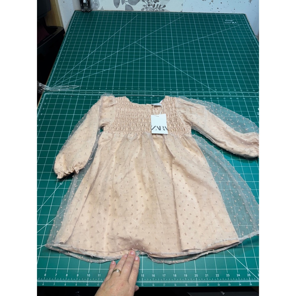 Zara Kids Girls Swiss Dot Tulle Smocked Dress Peach Pink Long Sleeve NWT 3-4Y